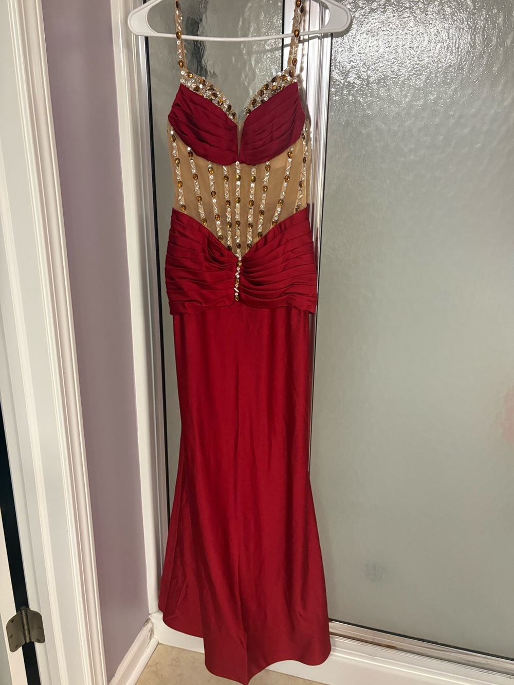 New Sheath Straps Rhinestone burgundy  Jersey Corset Evening Prom Dress size 0